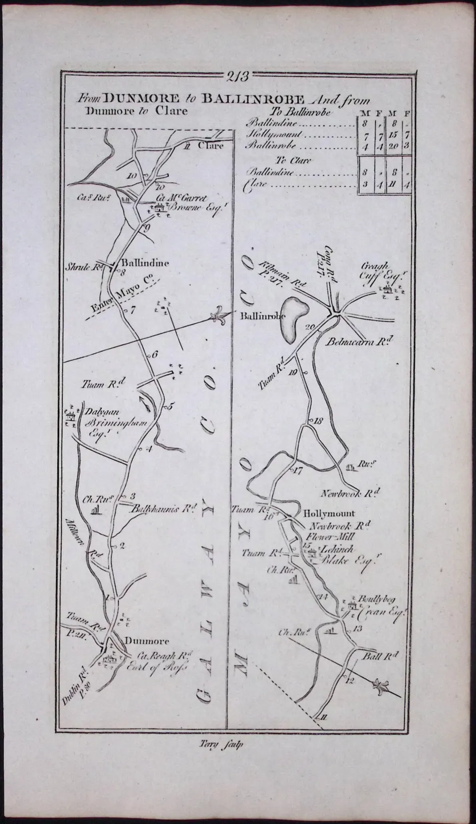 Ireland 245 Years -Old Antique Road Map Tuam Galway to Sligo-214