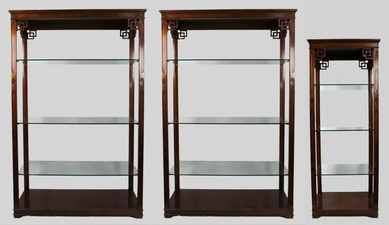 Set of Three Solid Mahogany Display Cabinets with Glass Shelves