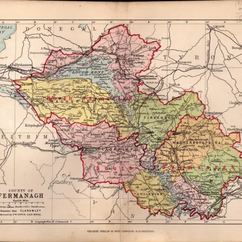 County Of Fermanagh Ireland Antique Detailed Coloured Victorian Map.
