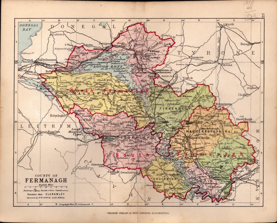 County Of Fermanagh Ireland Antique Detailed Coloured Victorian Map.