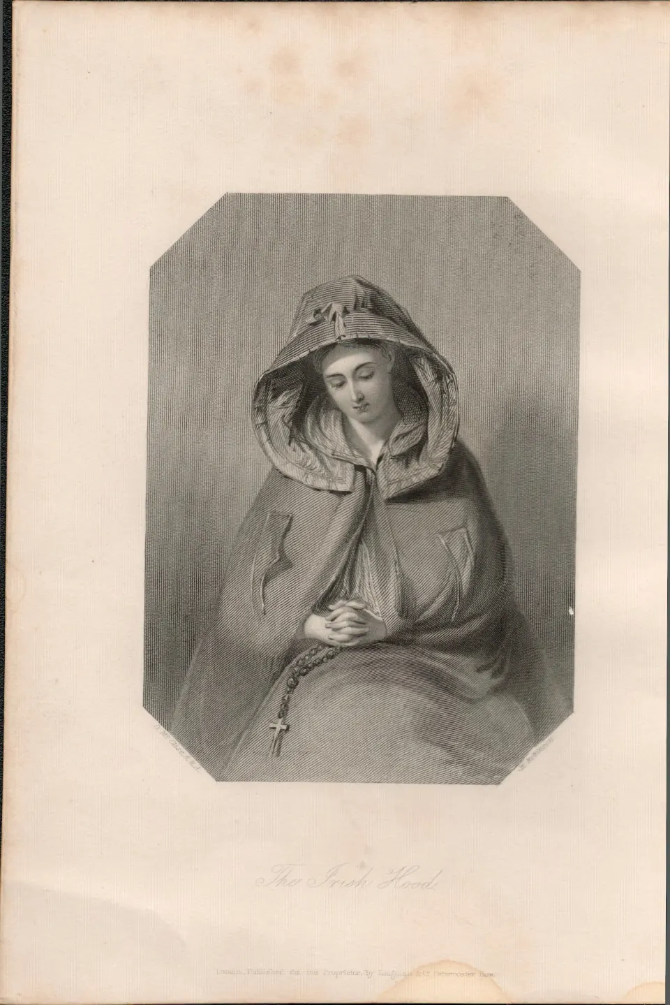 The Irish Hooded Lady  1837-38 Victorian Antique Engraving.