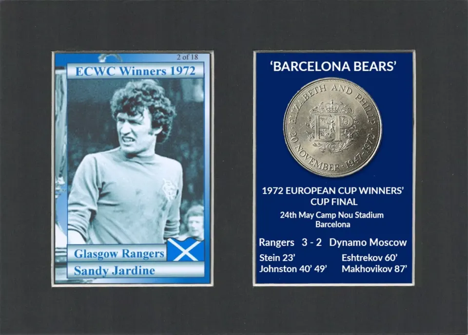 Sandy Jardine Rangers Barcelona Bears 1972 ECWC Mounted Card & Coin Set.