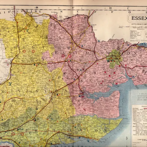 The County of Essex Large Victorian Letts 1884 Antique Coloured Map.