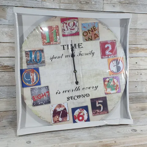 New Large 60cm Wooden Printed Clock - Time spent with Family design. Rrp £30