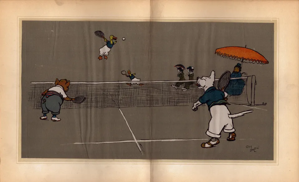 Cecil Aldin Merry Party Rare Antique Large Book Plate “Serving For The Match”