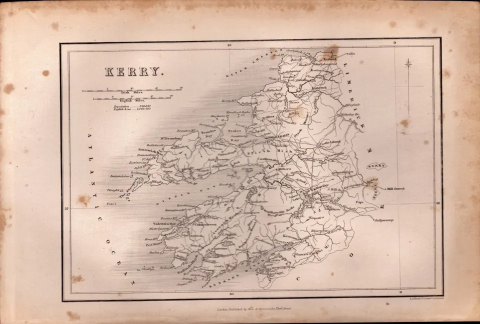 County Kerry B/W Antique 1850’s Map Mrs Hall Tour of Ireland.