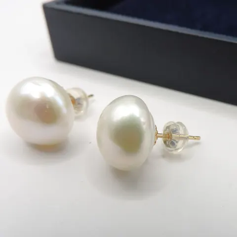 Cultured Pearl Stud Earrings Gold On Sterling Silver New With Gift Pouch