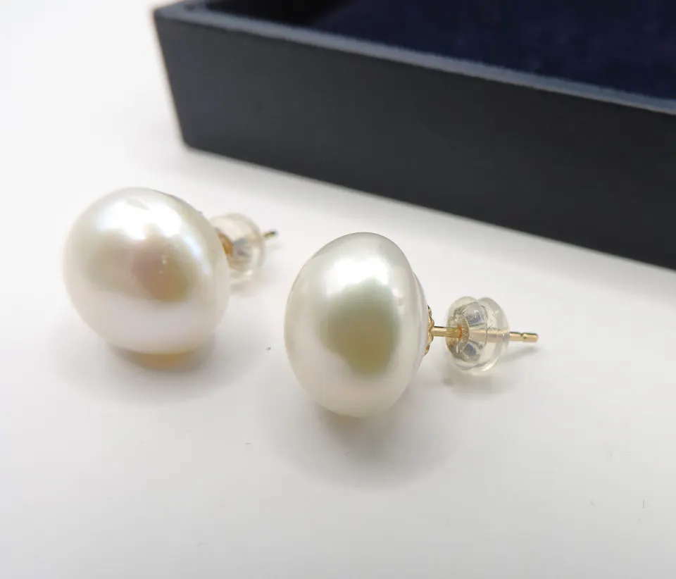 Cultured Pearl Stud Earrings Gold On Sterling Silver New With Gift Pouch