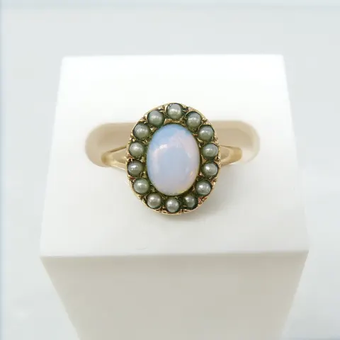 Vintage Victorian-style halo ring set with opalite and seed pearls
