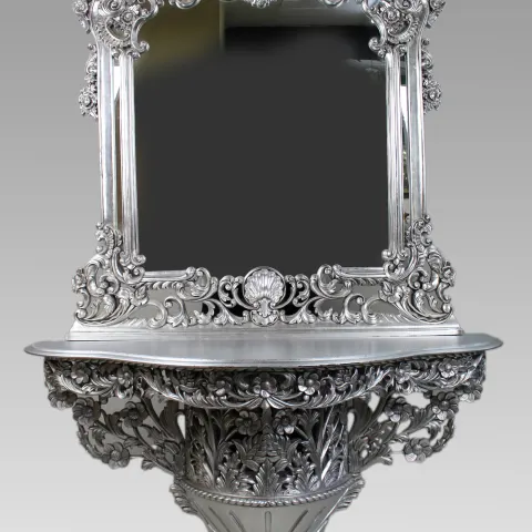 Vintage Baroque Style Silver Leaf Console Table and Mirror
