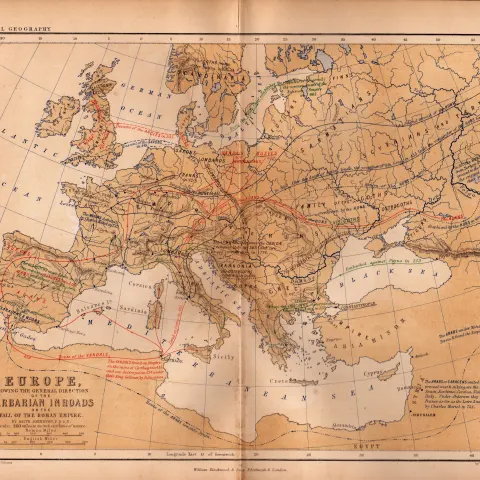 Antique 1867 Coloured Map Europe Barbarians Inroads, Fall Rome Empire.