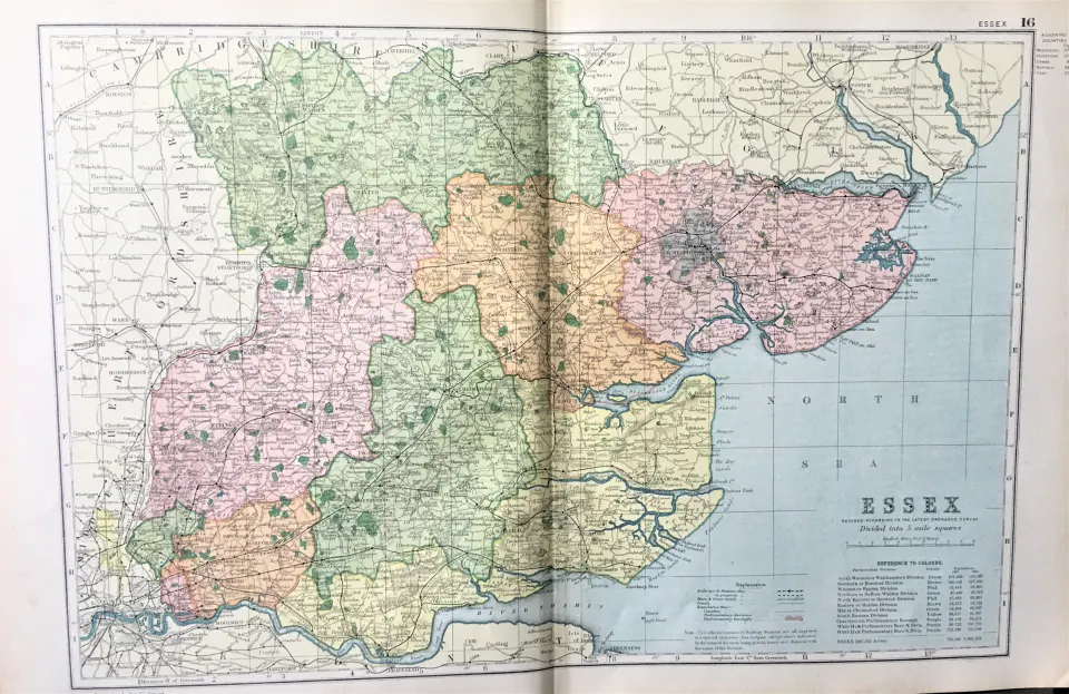 County of Essex  Coloured Antique Large Map GW Bacon 1904.
