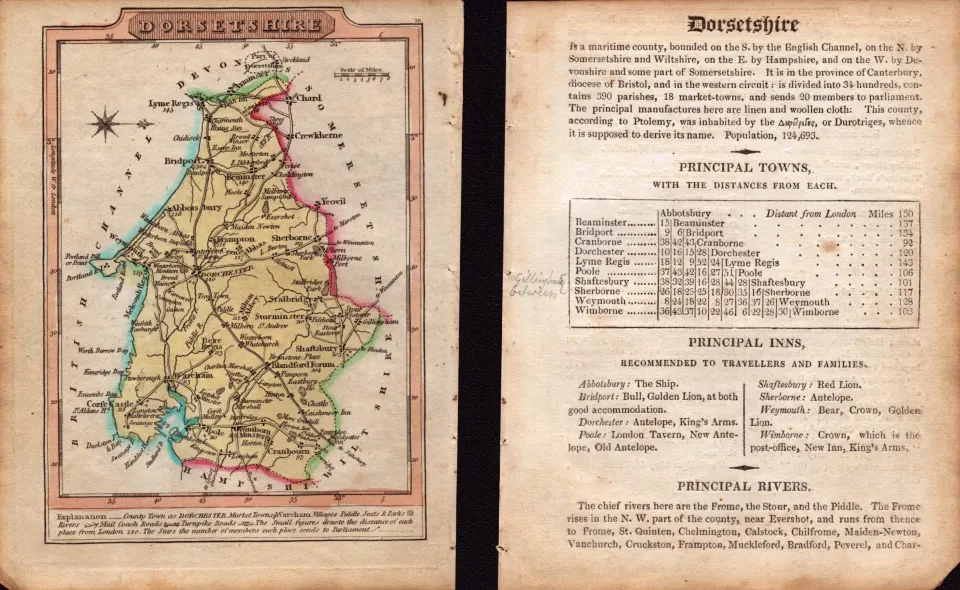 Dorsetshire Engraved Hand Coloured George IV Antique Map & Text.