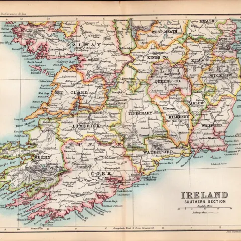 Southern Ireland Area Double Sided 126 Years-Old Antique 1896 Map.