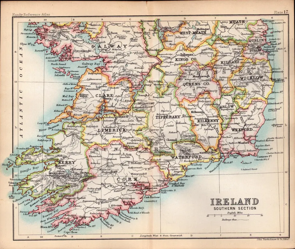 Southern Ireland Area Double Sided 126 Years-Old Antique 1896 Map.