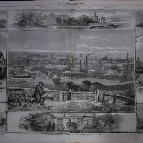 Views of Leeds Yorkshire 168 Years-Old Large Antique Woodcut Engraving.