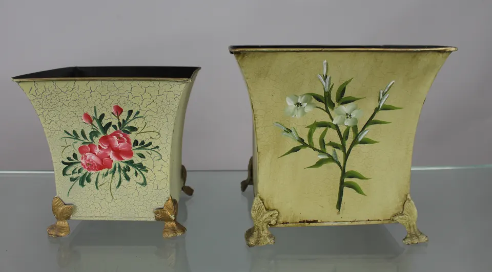 Pair of Painted Decape Metal Footed Bins