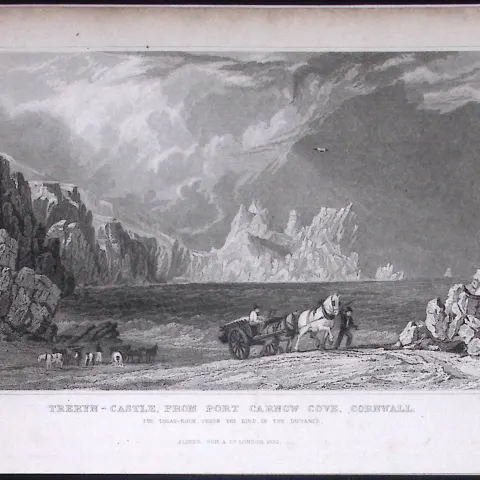 Cornwall Treryn-Castle & Port Carnow Antique 193 Years-Old Steel-Engraving-21