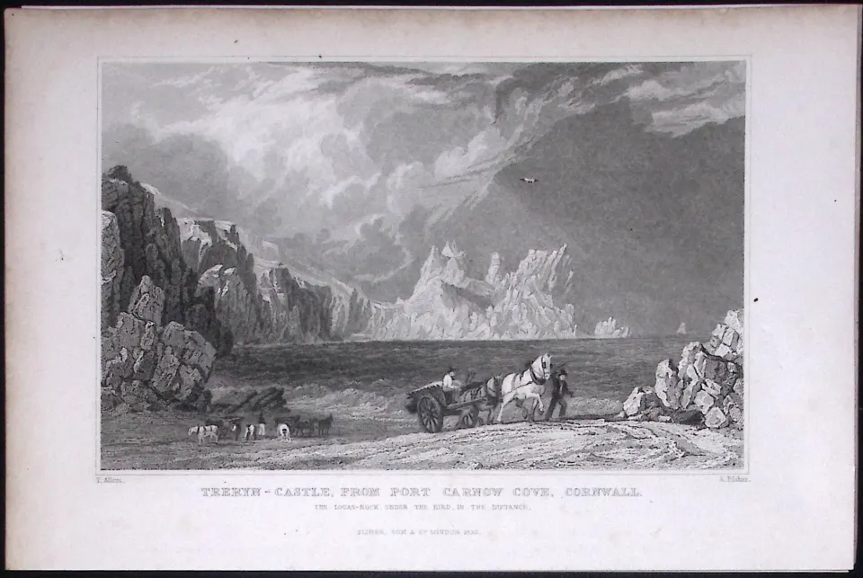 Cornwall Treryn-Castle & Port Carnow Antique 193 Years-Old Steel-Engraving-21
