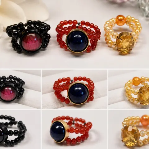 Set of Three Colourful Beaded Statement Rings