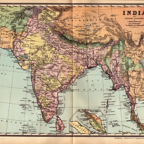 India & Adjacent Countries Antique Detailed Coloured Map.