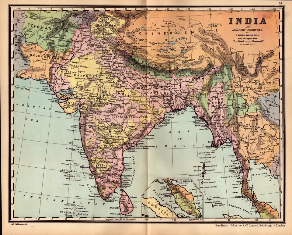 India & Adjacent Countries Antique Detailed Coloured Map.