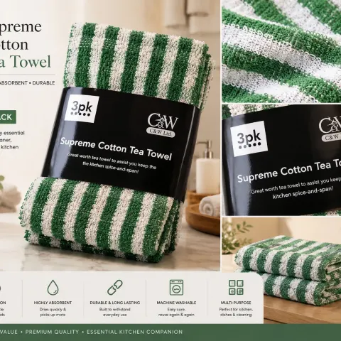 Supreme Cotton Tea Towels – 3 Pack  Striped | Premium Cotton Kitchen Towels
