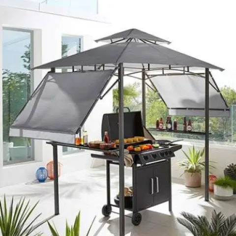 (32/P) RRP £189. BBQ Gazebo With Side Tables And Eaves Grey. Durable & Weather Resistant. Approx Di