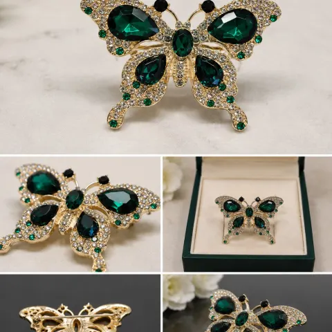 Green Crystal Butterfly Brooch – Gold Tone
