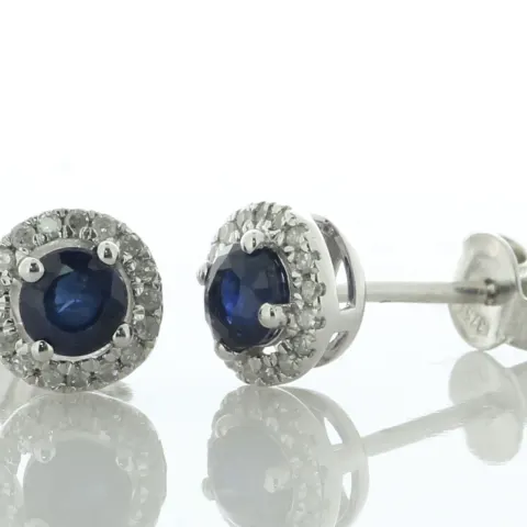 9ct White Gold Single Stone With Halo And Sapphire Stud Earring (S0.57) 0.15 Carats