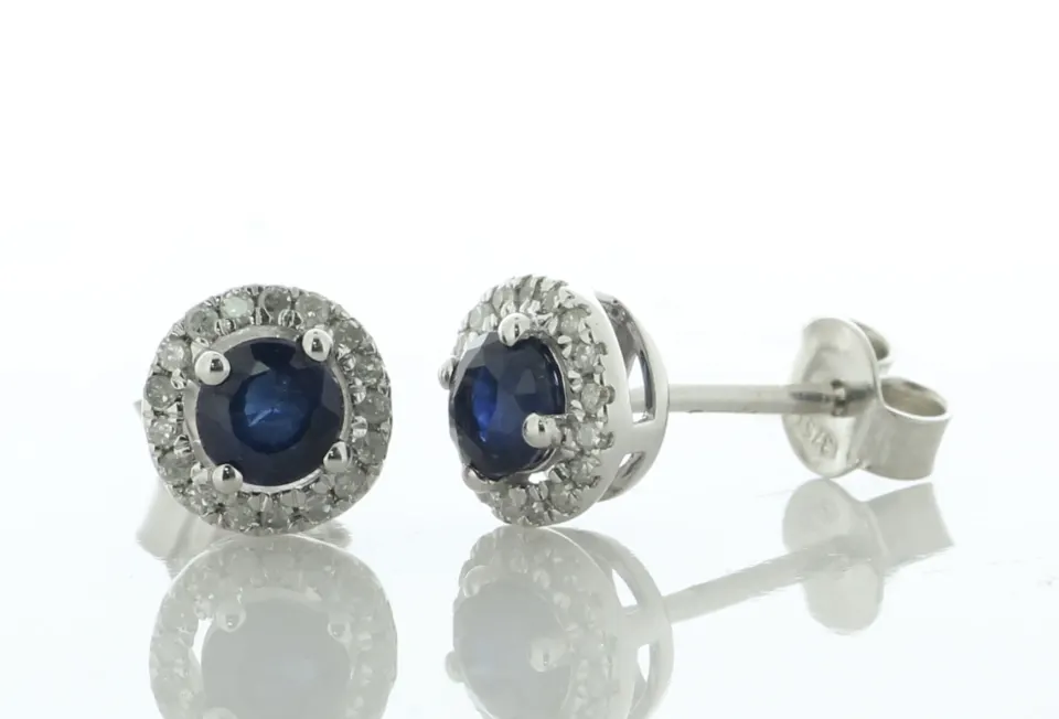 9ct White Gold Single Stone With Halo And Sapphire Stud Earring (S0.57) 0.15 Carats