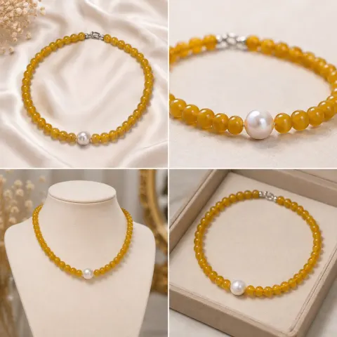 Yellow Beaded Necklace with White Pearl Centrepiece