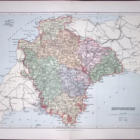 Devonshire Detailed 1894 Coloured Antique  130 Years-Old Map.