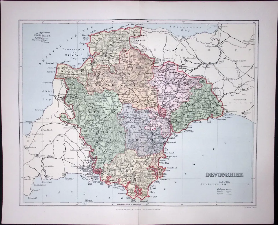 Devonshire Detailed 1894 Coloured Antique  130 Years-Old Map.