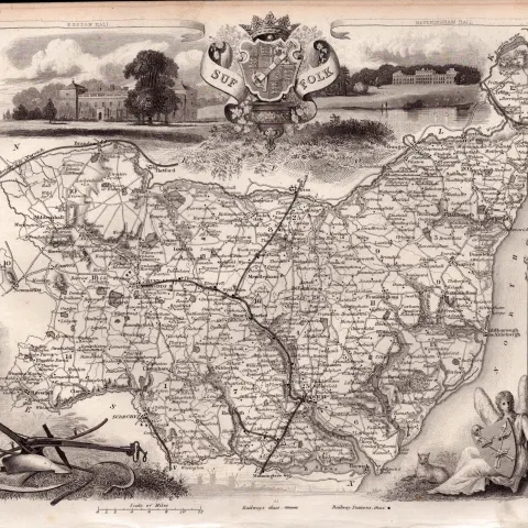 County of Suffolk Steel Engraved Victorian Antique Thomas Moule Map.