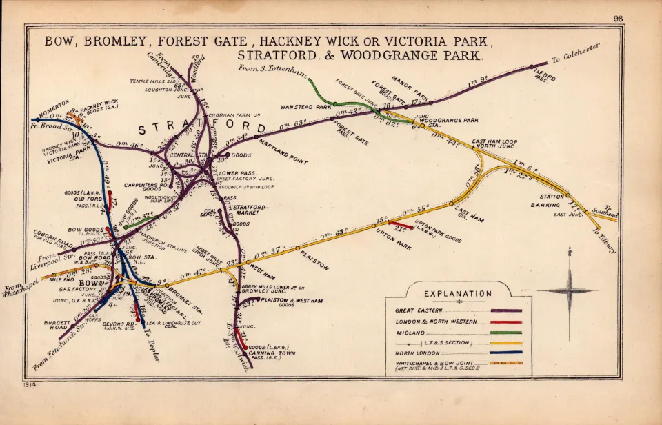 Bow, Hackney, Stratford, London Antique Railway  Junction Diagram-98.