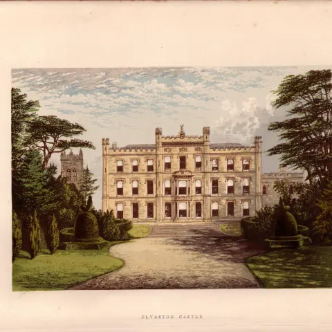 Elvaston Castle Derbyshire Gilt-Edge Coloured Antique Book Plate.