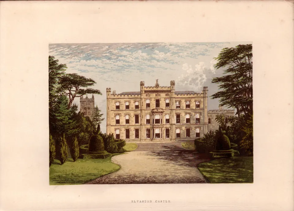 Elvaston Castle Derbyshire Gilt-Edge Coloured Antique Book Plate.