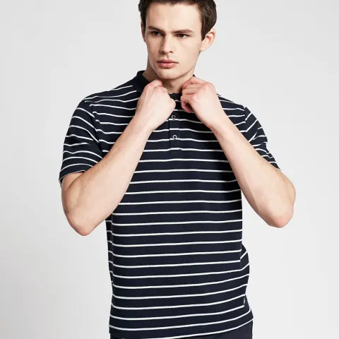 42 x Textured Stripe Button Neck Polo Shirt