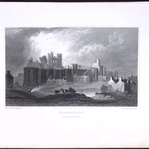 Wales-Caerphilly Castle Antique 166-Year-Old  Steel Engraving-2