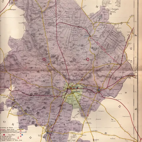 County of Huntingdonshire Large Victorian Letts 1884 Antique Coloured Map.