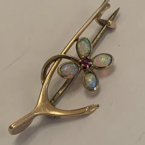 Fine Victorian 15ct Gold Natural Cabouchon Opal & Ruby Lucky Wishbone Brooch
