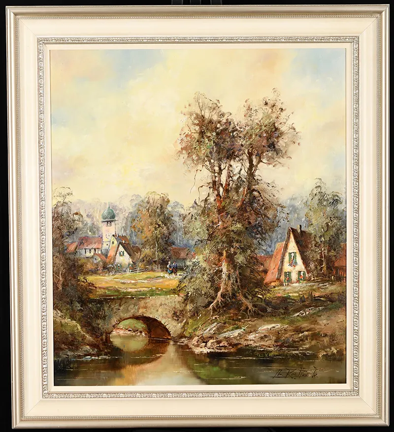 Oil on Canvas Village Scene.