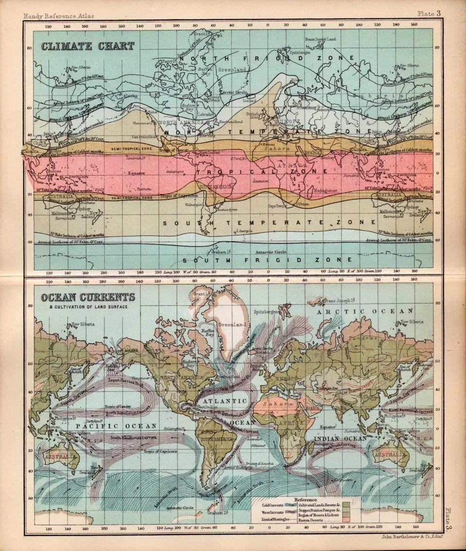 Climate Ocean Currents Double Sided Antique 1896 Map.