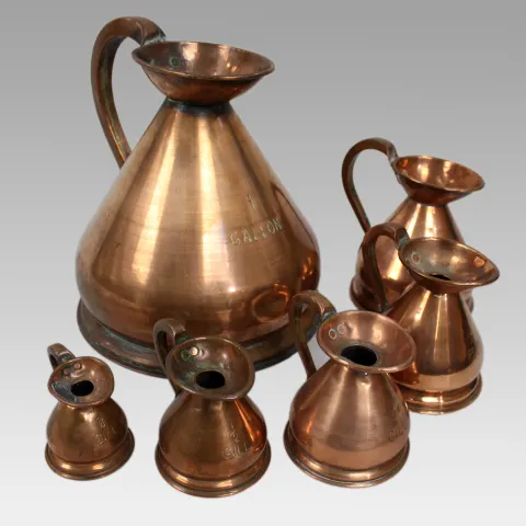 Set of 6 Antique Graduated Haystack Copper Jugs
