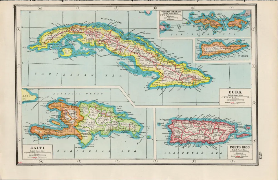 Cuba Haiti Porto Rico Virgin Islands Coloured Antique Map-451.