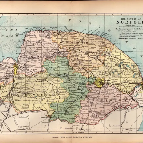 County of Norfolk 1895 Antique Victorian Coloured Map.