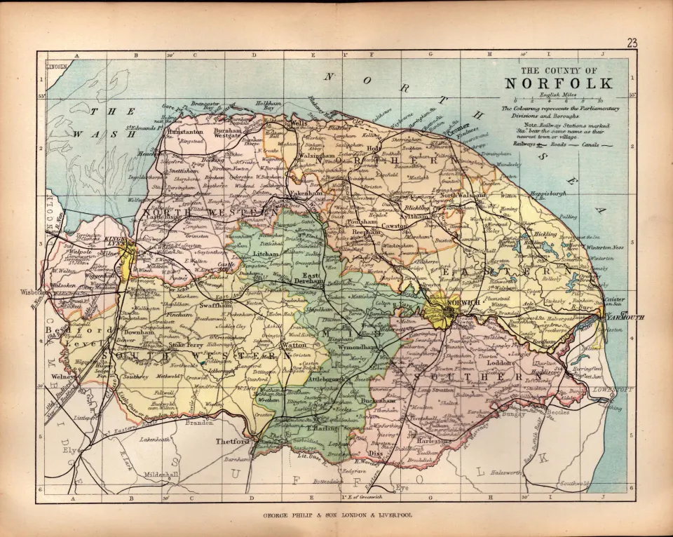 County of Norfolk 1895 Antique Victorian Coloured Map.