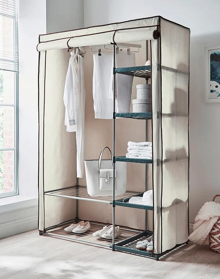 (119/Mez/P16) RRP £69. Covered Double Wardrobe with Storage Cream. Made From Powder Coated Steel Tu