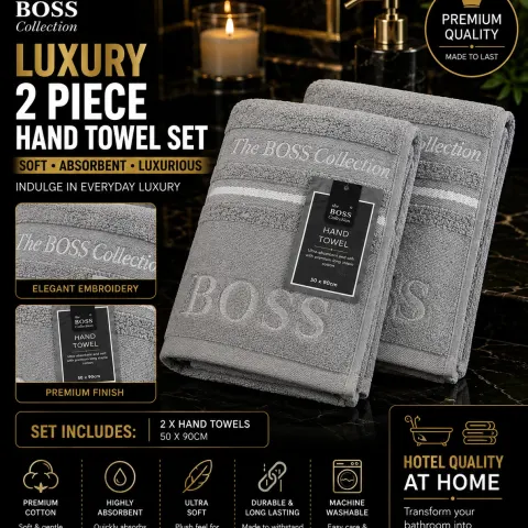 The BOSS Collection Grey Hand Towels x2 | Luxury Cotton 50x90cm | Soft & Absorbent